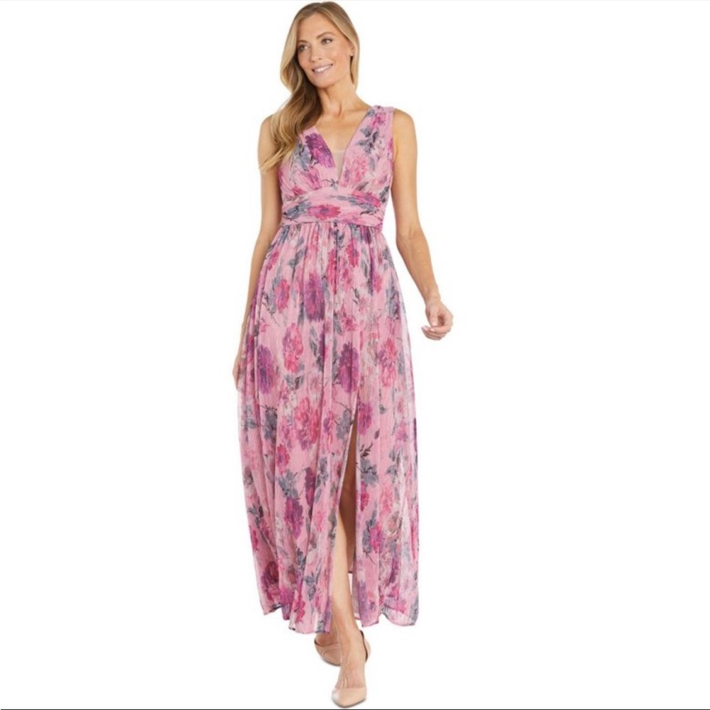 R&M Richard’s Crinkled Floral Shimmer Print Maxi Dress size 14